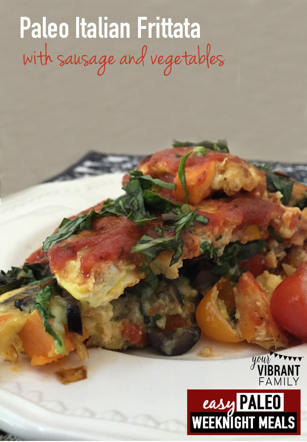 Eggs for breakfast, for dinner and beyond! You'll love this tasty paleo italian frittata recipe made with sausage and fresh vegetables. It's an easy weeknight dinner, brunch, or even a breakfast for a lazy Saturday morning. It's part of our Easy Paleo Weeknight Recipes series!