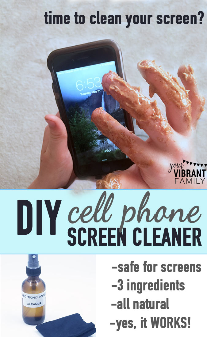 It's CRAZY how many germs live on our cell phones, tables and other electronic devices! Here's an amazingly easy-to-make DIY cell phone screen cleaner that removes oily smudges, crusty parts and (best of all) ALL THOSE GERMS! All natural cleaner recipe with only three ingredients! You'll want to make a bottle for everyone in your home!