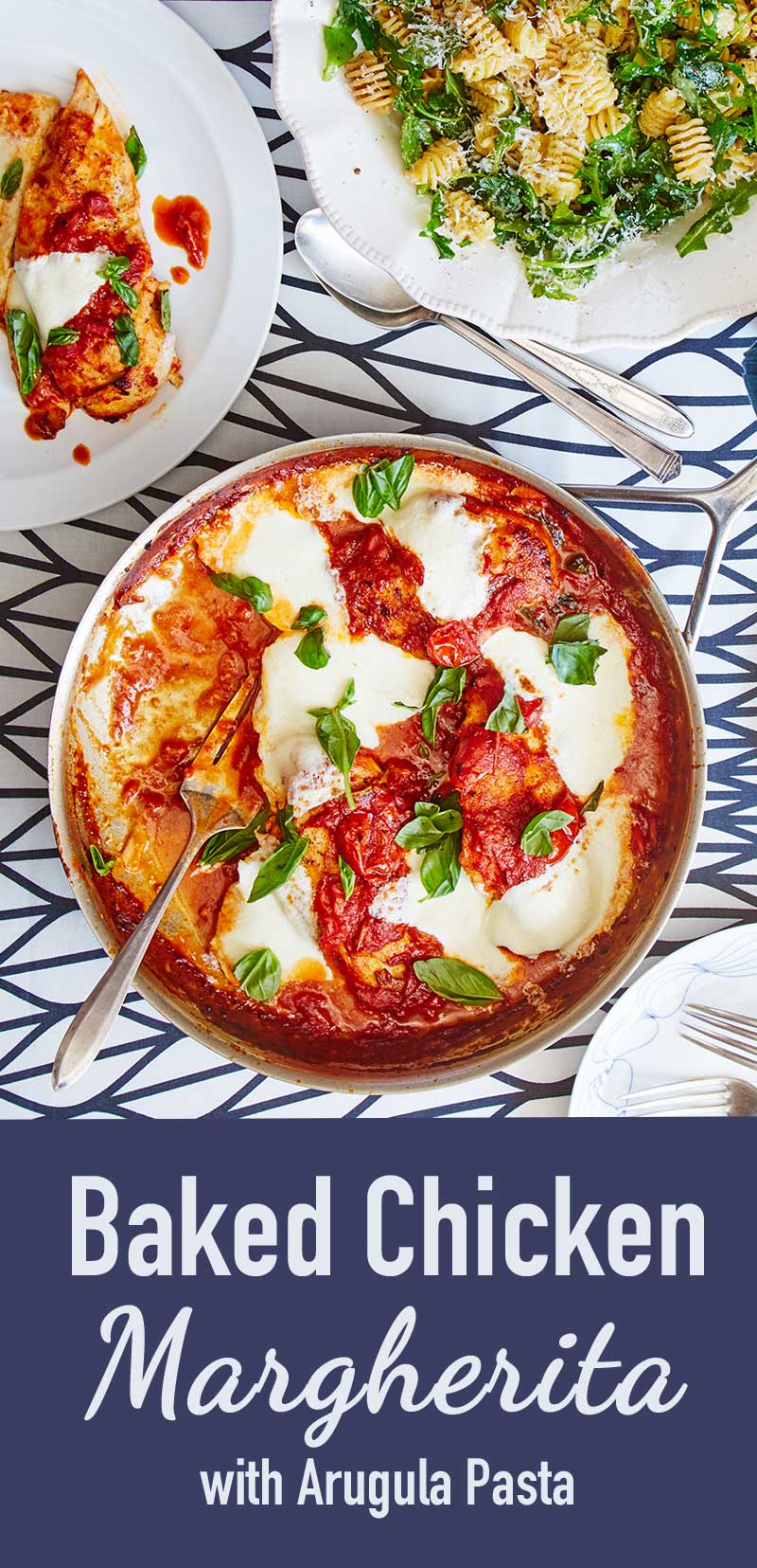 Looking for a great new chicken dinner recipe? You'll love this Baked Chicken Margherita Dinner: a wonderful spin on the classic Italian flavors of chicken, mozzarella, marinara sauce and fresh basil, all served over pasta with arugula. Wonderful new family recipe from Martha & Marley Spoon!